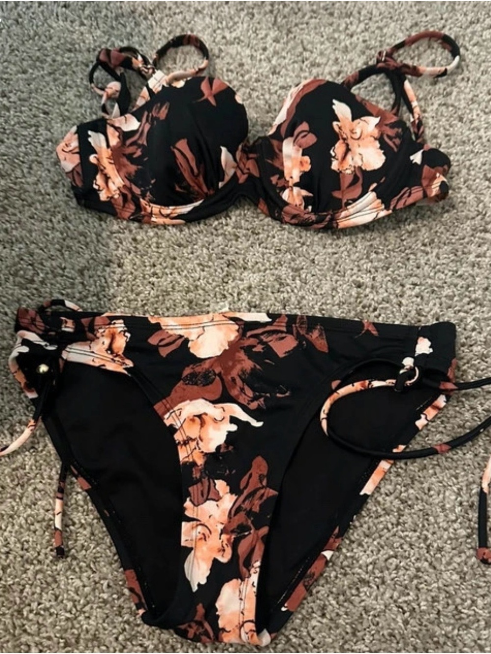 White House Black Market Black Floral Bikini with Peach and Brown Accents